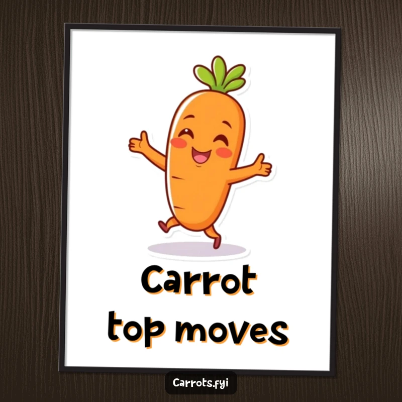 Funny poster print of a cheerful carrot character doing a happy dance, adding a touch of whimsical joy to decor.