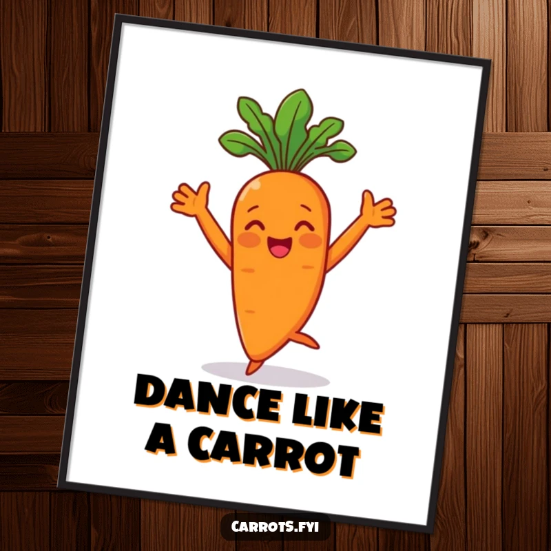 Funny carrot character dancing joyfully with arms flair on a poster, radiating veggie happiness.