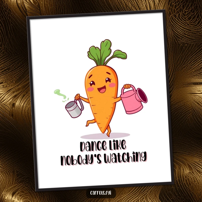 Funny poster print of a cheerful carrot character dancing with a watering can, radiating pure joy and garden enthusiasm.