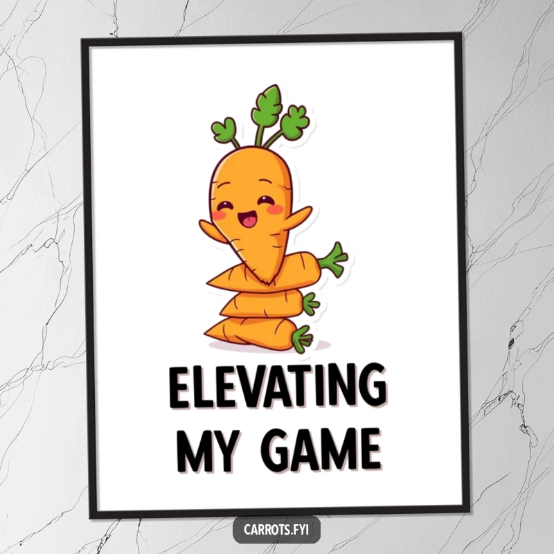 Funny carrot character grinning while balancing on a stack of carrots on a poster, showing veggie grace.