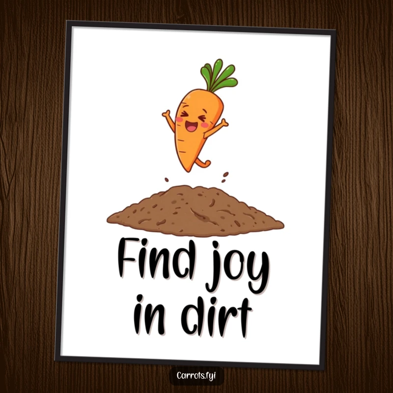 Funny poster capturing a carrot character mid-leap, joyfully diving into a pile of soft, loose soil with energetic delight.