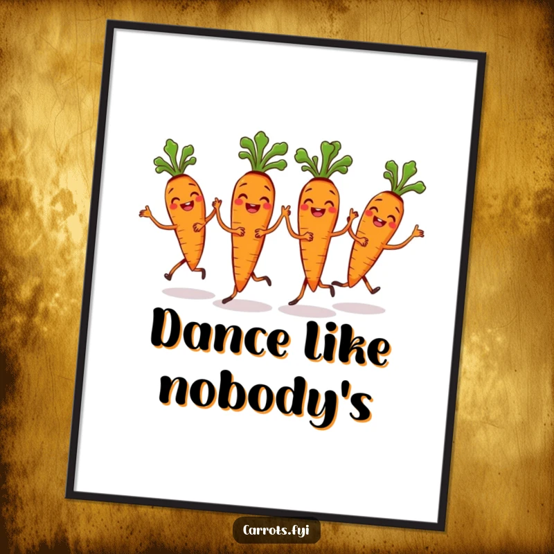 Funny Carrot Bunch Poster depicting grinning carrots performing a synchronized dance, adding a fun, unified vibe to decor.
