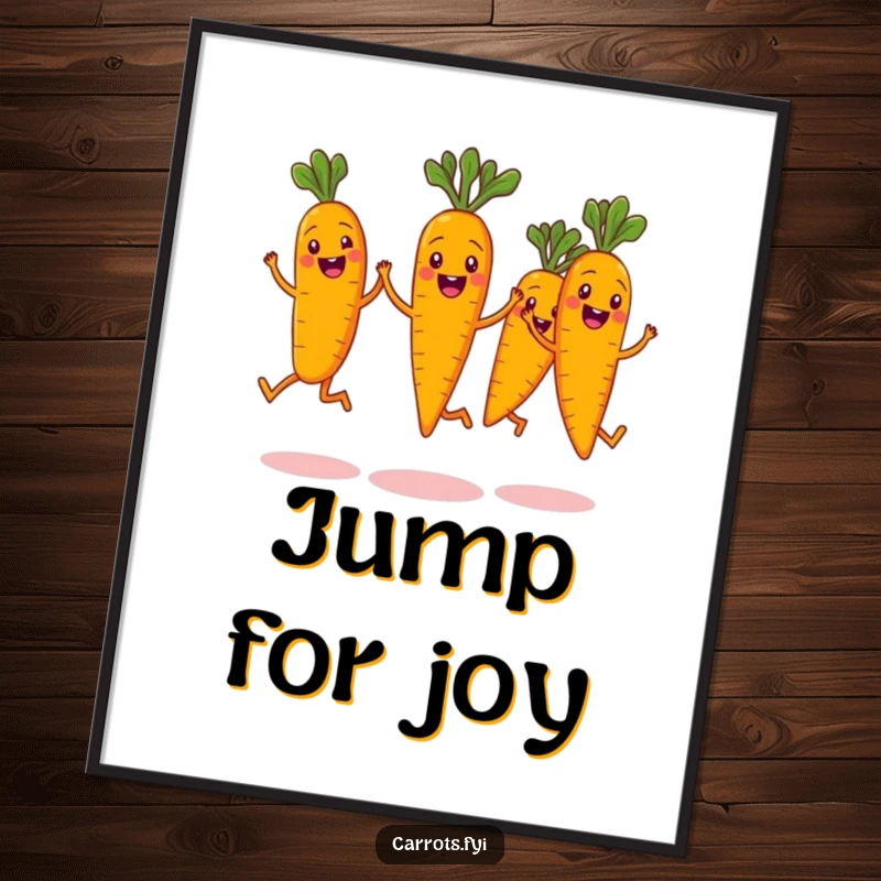 Funny poster showcasing a dynamic group of smiling carrot characters executing a perfect synchronized jump, their energetic poses bringing joy and humor to the art.