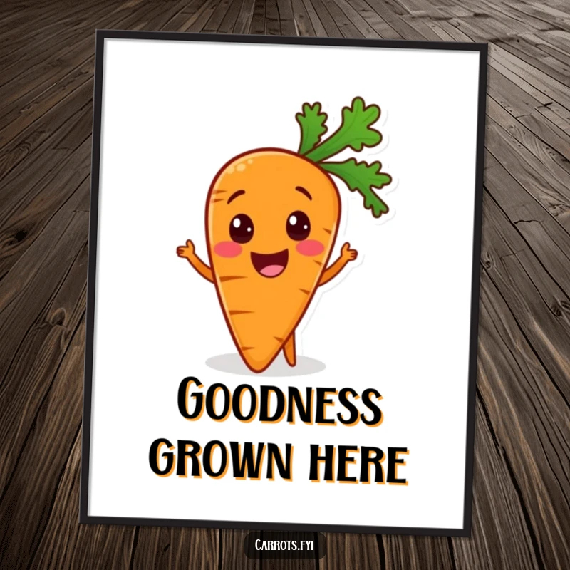 Funny poster print of an enthusiastic carrot character beaming about joining a healthy meal, adding a splash of color.