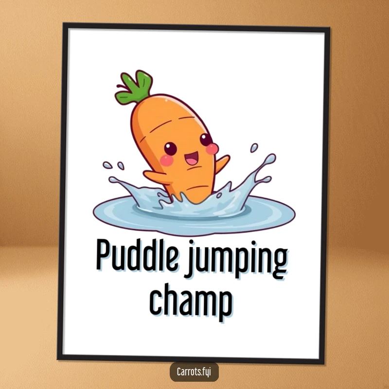 Funny poster featuring a carrot character joyfully splashing in a puddle, evoking feelings of carefree fun and happiness.