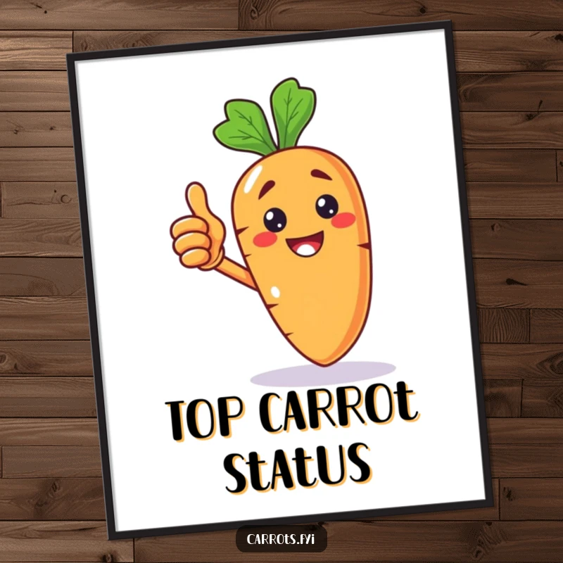 Funny poster showcasing a cheerful anthropomorphic carrot character giving a proud thumbs up, a delightful piece of veggie-themed art.
