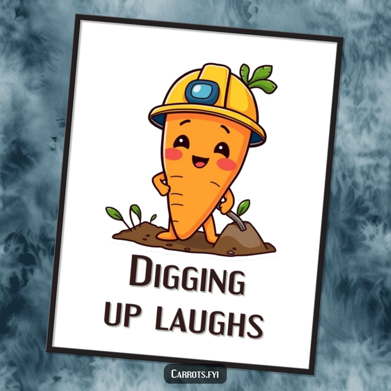 Funny Carrot Poster: An art print of a carrot character in a construction helmet, digging playfully in the soil.