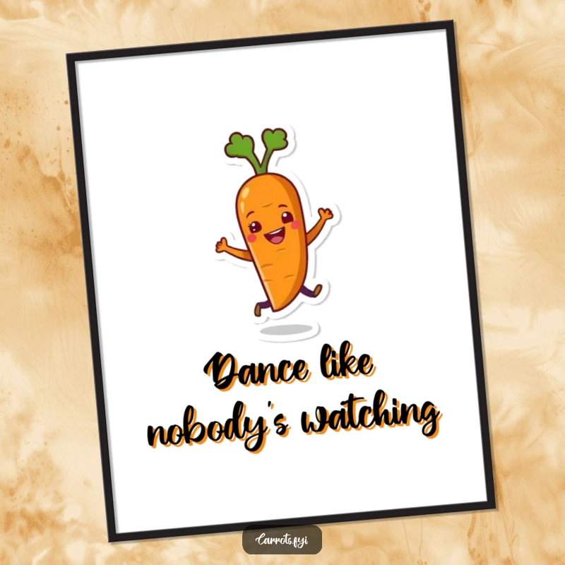 Funny poster illustrating a carrot character vigorously dancing with pure, unadulterated joy and infectious, wiggly energy.