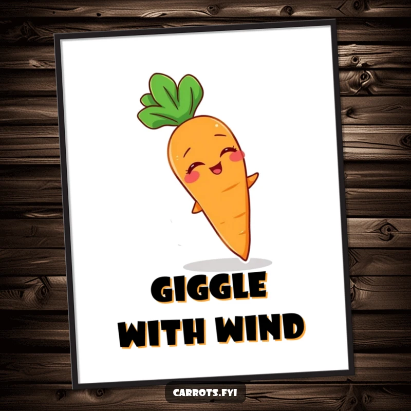 Funny poster depicting a carrot character with a joyful giggle as it's caressed by a gentle breeze.