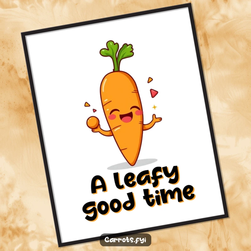 Funny poster artwork of an anthropomorphic carrot character mid-giggle, skillfully juggling its leafy green top, radiating pure, humorous delight.