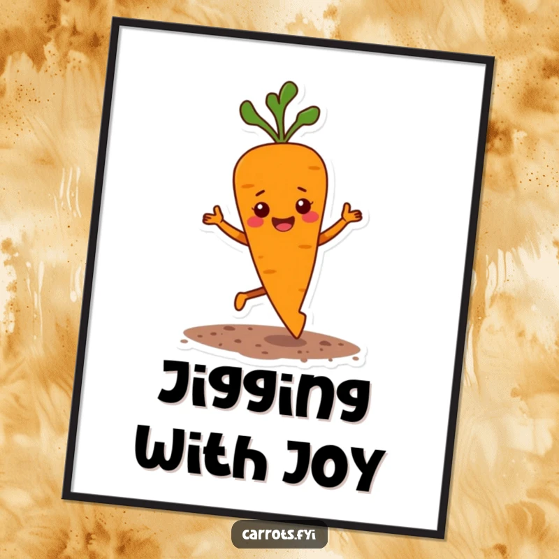 Funny poster art of a carrot character in a joyful, bouncy jig, with small flecks of soil scattered around, conveying pure happiness.
