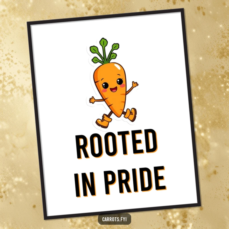 Funny poster artwork of an anthropomorphic carrot character marching with pride in miniature boots, conveying determination and humorous self-assurance.