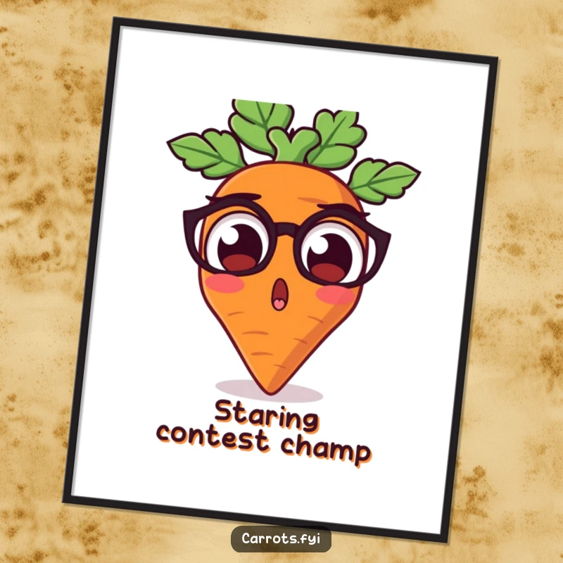 Funny poster print of a carrot character with comically wide, earthy eyes, conveying a hilarious expression of pure astonishment.