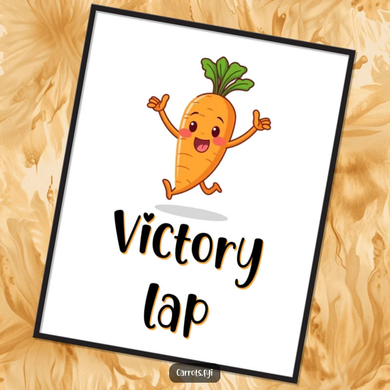 Funny poster showcasing a triumphant whole carrot character mid-stride, radiating pure joy and motivational energy in a vibrant artwork.