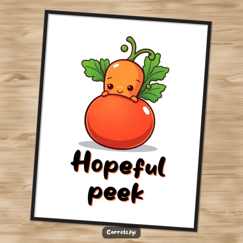 Funny poster art of a shy carrot character peeking from behind a plump tomato with a hopeful smile, exuding sweetness and warmth.