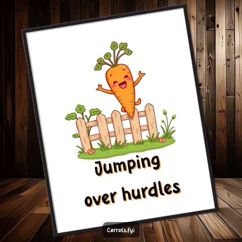 Funny poster print of an anthropomorphic carrot character joyfully leaping over a miniature garden fence, conveying a sense of boundless energy and celebration.