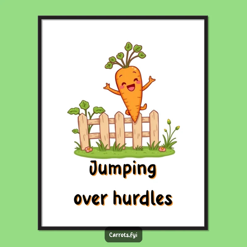 Funny Carrot Leaping Fence Poster - Whimsical Garden Veggie Art for Walls
