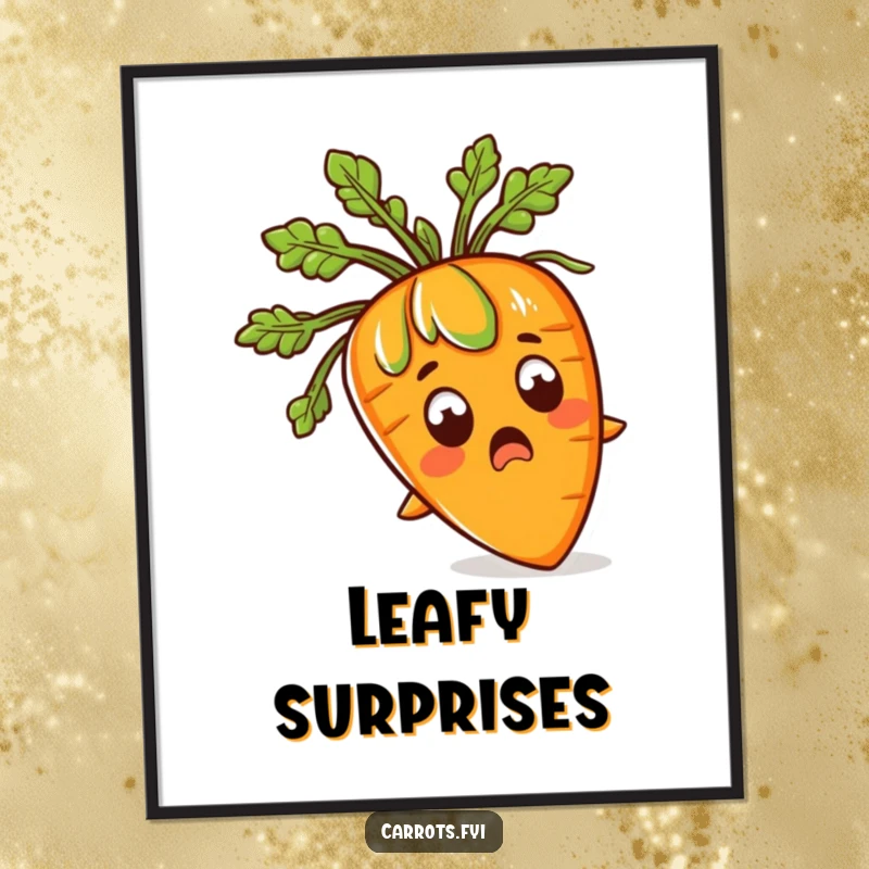 Funny poster print of a carrot with a comically surprised expression and bushy green leafy hair, ideal wall art.