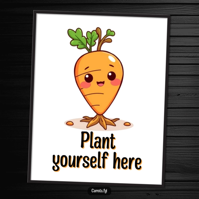 Funny poster depicting a playful carrot character with delicate roots emerging from its base, symbolizing growth.
