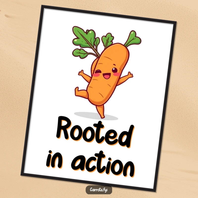 Funny poster print of a carrot character in motion, doing a playful kick with its leafy top.