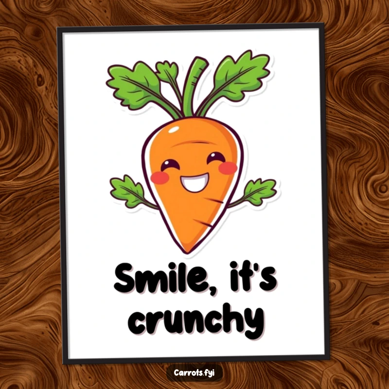 Funny poster featuring a carrot character with an enormous, delighted smile, symbolizing ultimate crunchiness and pure happiness.