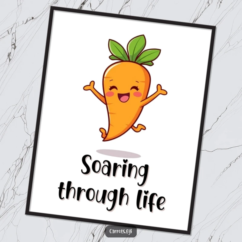 Funny Carrot Stick Poster showcasing a smiling carrot character in a joyful leap, adding dynamic energy to decor.