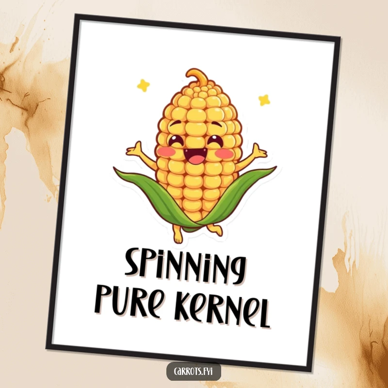 Funny poster print of an anthropomorphic corn kernel character spinning joyfully, adding whimsical charm and humor to decor.