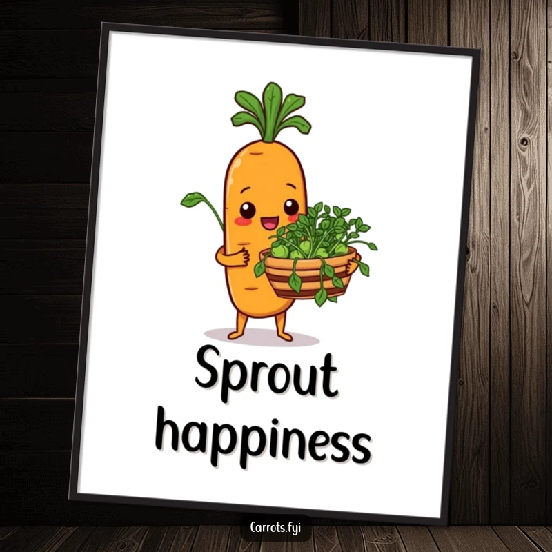 Funny poster capturing a cheerful carrot character proudly presenting a basket overflowing with fresh, vibrant sprouts.