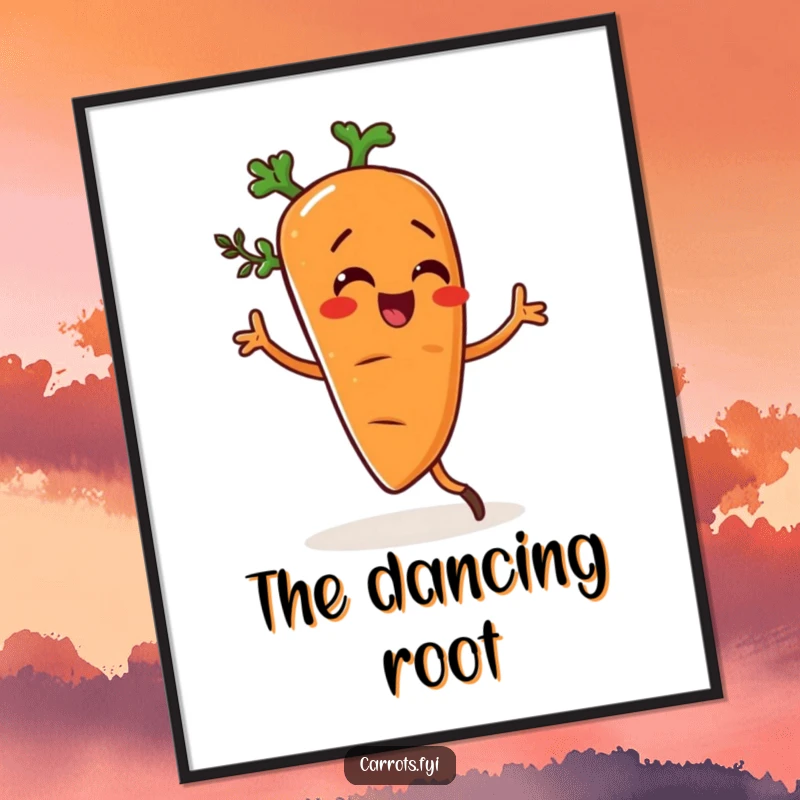 Funny poster of a carrot character doing a silly dance, lightly seasoned with herbs, radiating pure, unadulterated fun.