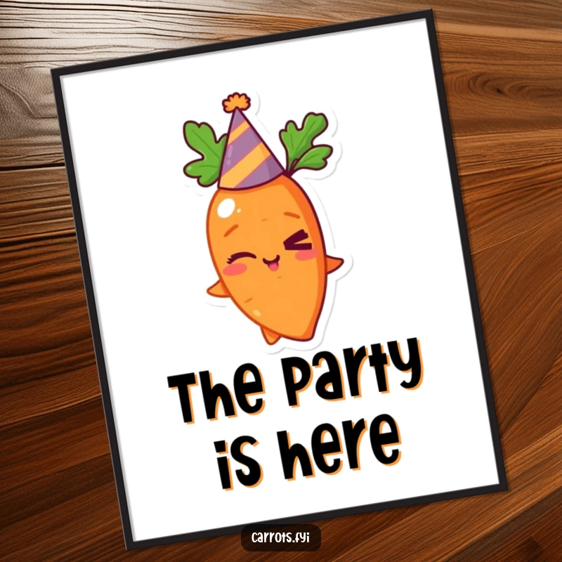 Funny poster print of a mischievous carrot winking and wearing a party hat, bringing a humorous and festive atmosphere.