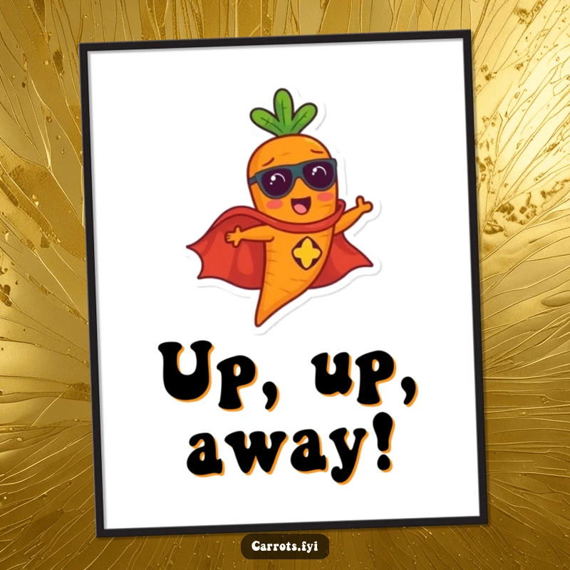 Funny carrot character in a superhero cape flying through the sky, an epic and humorous poster.