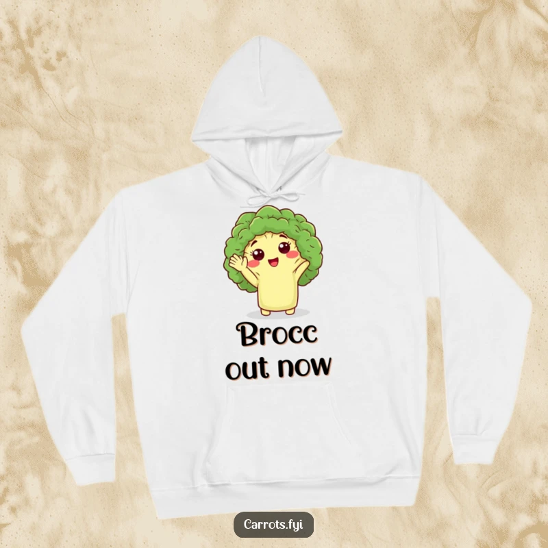 Funny hoodie depicting a cute broccoli floret character giving a friendly wave, offering cozy comfort and whimsical charm.