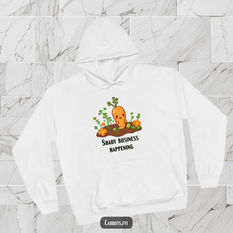 Funny hoodie featuring a mischievous carrot character peeking slyly from a garden patch, exuding a sense of playful secrecy.