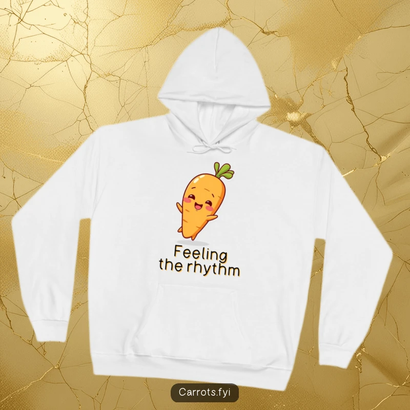Funny Baby Carrot Hoodie featuring a charming baby carrot character wiggling with delight, perfect for cozy, cute moments.