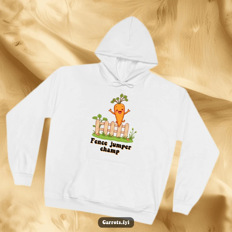 Funny hoodie illustration of an anthropomorphic carrot character mid-leap over a tiny garden fence, exuding pure happiness and athleticism.