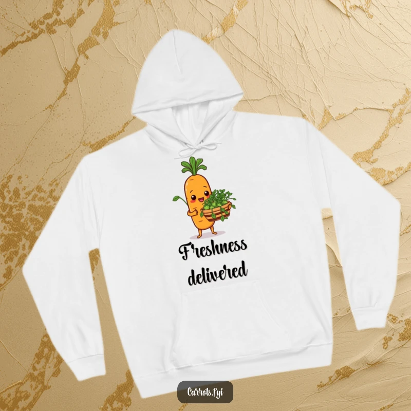 Funny hoodie showing a carrot character cheerfully offering a basket full of fresh sprouts, designed for warmth and good vibes.