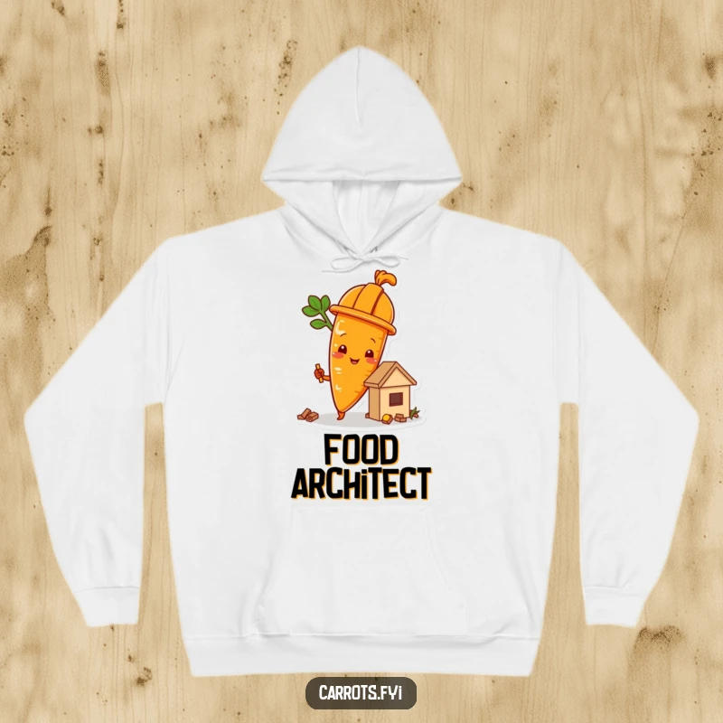 Funny carrot character wearing a hard hat and building a food structure, a cozy and humorous hoodie.