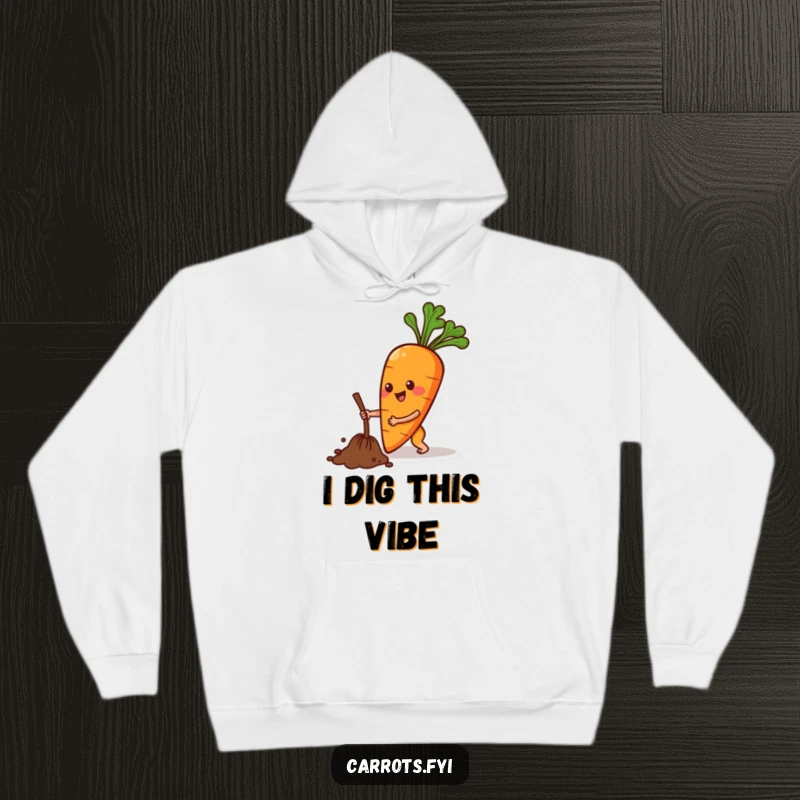 Funny hoodie illustrating an anthropomorphic carrot character in a cheerful digging motion, perfect for outdoor enthusiasts and comfort seekers.