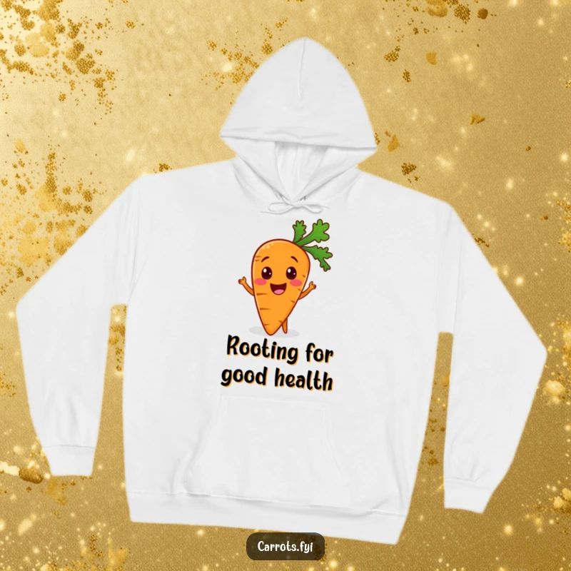 Funny hoodie depicting an overjoyed carrot character, thrilled about being part of a healthy meal, offering warmth and laughter.
