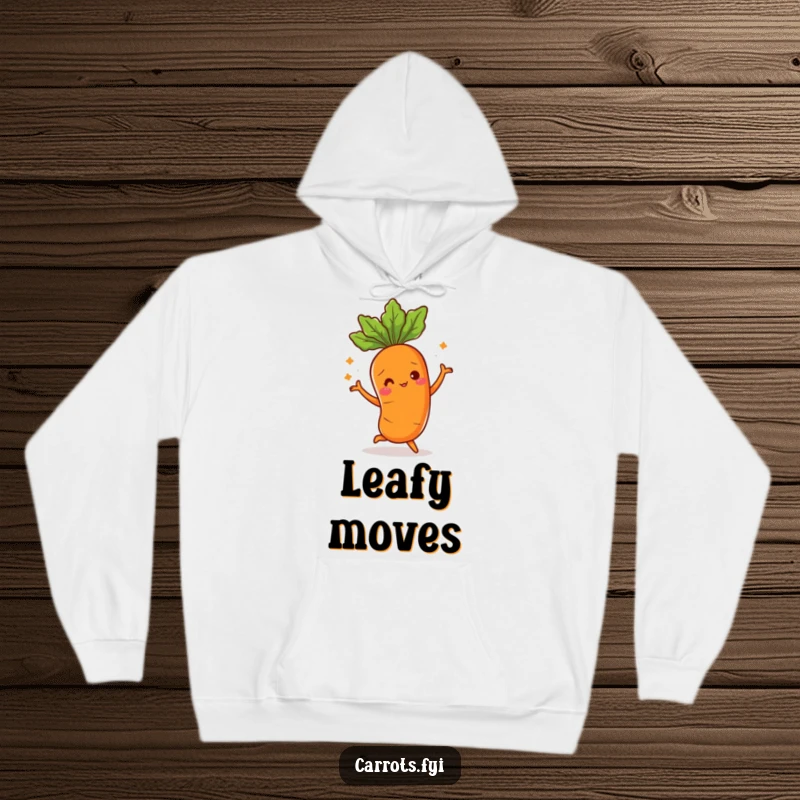 Funny hoodie showing a carrot character doing a lively dance, its leafy top moving energetically, designed for warmth and fun.