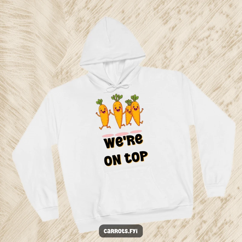 Funny hoodie displaying a hilarious synchronized jump by a team of smiling carrot characters, their joyous expressions and leafy tops making it a cheerful sight.