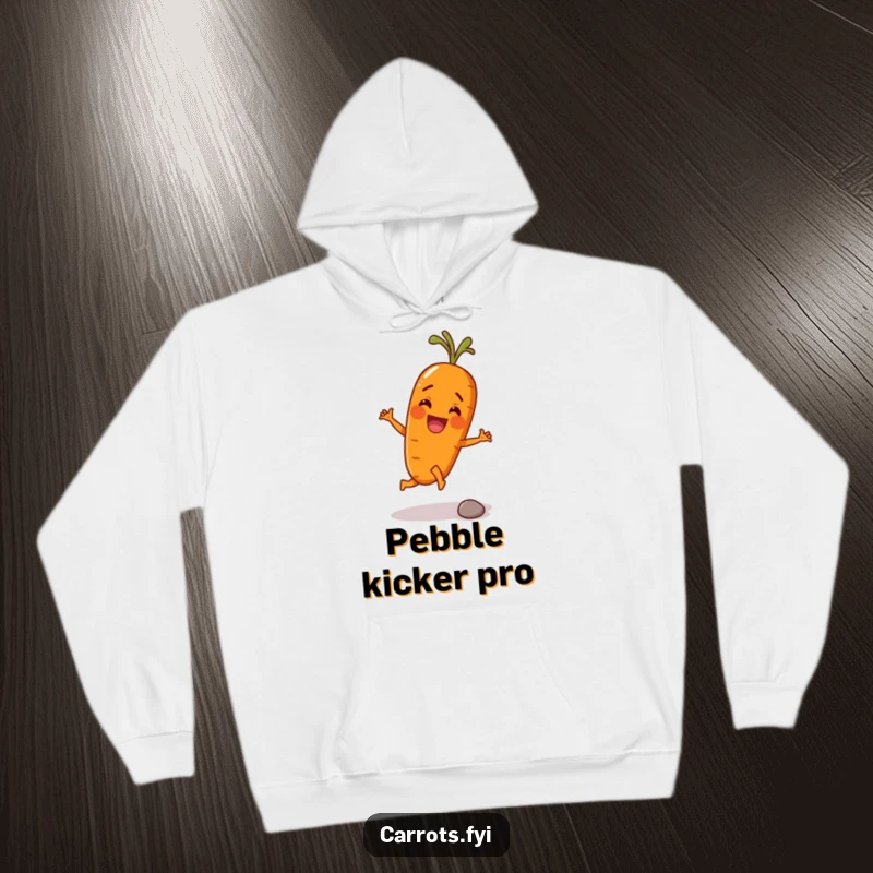 Funny hoodie illustration of an anthropomorphic carrot character joyfully kicking a tiny pebble with its root, exuding playful energy and charm.
