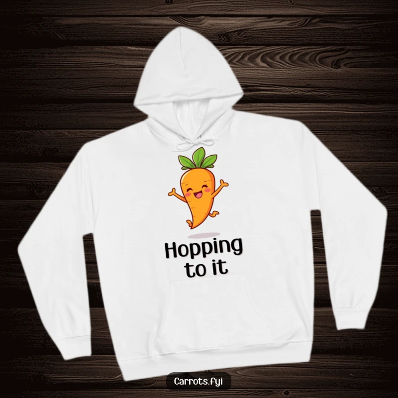Funny Carrot Stick Hoodie featuring a happy carrot character in a joyful leaping pose, ideal for warm and cheerful wear.