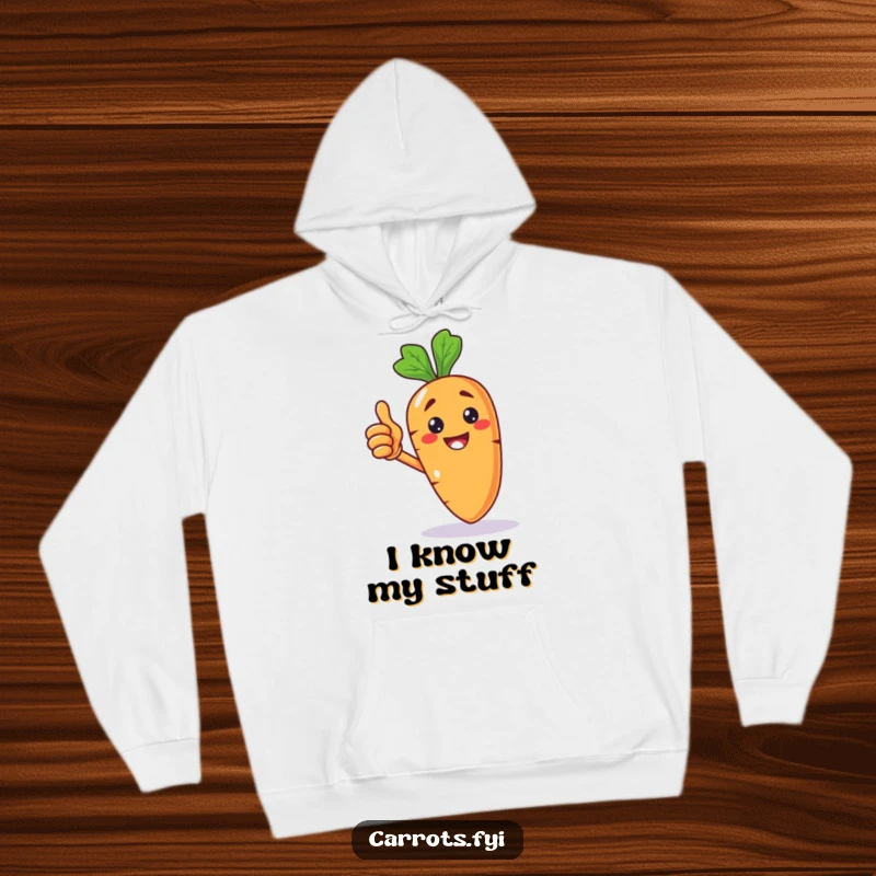 Funny hoodie displaying an anthropomorphic carrot character with a proud grin, giving a thumbs up, radiating pure joy and silliness.