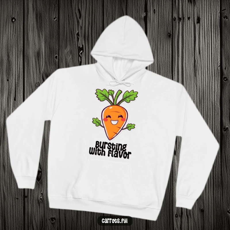Funny hoodie featuring a carrot character with an enormous, happy smile, bursting with the essence of satisfying crunchiness.