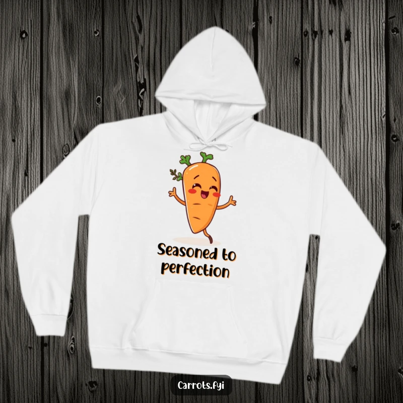 Funny hoodie with a carrot character performing a silly dance, lightly seasoned with herbs, looking energetic and fun.