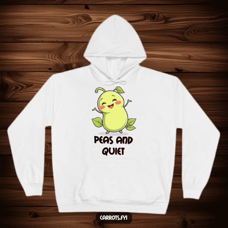 Funny hoodie depicting a smiling pea pod character wiggling enthusiastically, offering cozy comfort and whimsical charm.