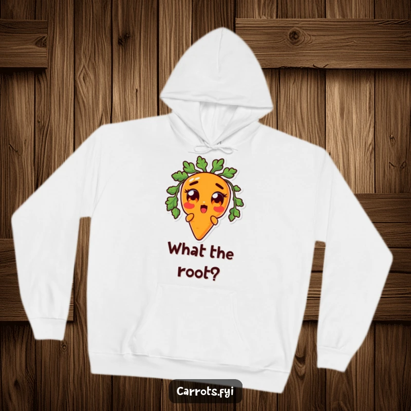 Funny hoodie showcasing an anthropomorphic carrot character in a state of hilarious surprise, with comically wide orange eyes, offering cozy amusement.