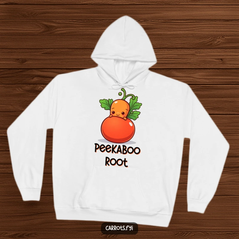 Funny hoodie depicting a shy carrot character peeking from behind a plump tomato with a hopeful smile, offering gentle warmth.