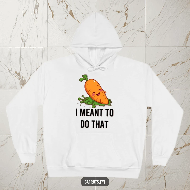 Funny carrot character slipping on greens wearing a cozy hoodie, depicting a comical fall.